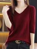 Solid Color V-neck Sweater, Versatile Half Sleeve Knitted Top For Spring & Fall, Women's Clothing