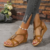 Purpdrank [Wedge Heeled Beads Sandals] Women's Beads Decor Wedge Heeled Sandals, Casual Open Toe Platform Shoes, Comfortable Ankle Strap Sandals