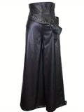 Elegant Wide-Leg PU Leather Pants with Metal Belt - Non-Sheer, Solid Color, All-Season Fashion for Women