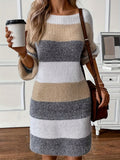 Chic Striped Knit Sweater Dress - Casual Crew Neck, Long Sleeve, Mid-Length with Drop Shoulder Design for Women