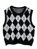 Argyle Print Crew Neck Sweater Vest, Casual Sleeveless Knit Vest For Spring & Fall, Women's Clothing