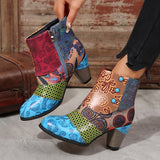 Purpdrank Women's Floral Pattern Boots, Side Zipper Casual Chunky Heel Ankle Boots, Versatile Round Toe Boots