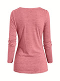 Stylish Ruched Cowl Neck Button Decor T-Shirt - Women's Casual Long Sleeve Top for Spring & Fall - Soft, Breathable, Relaxed Fit, Versatile Clothing for Everyday Wear