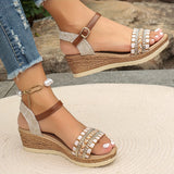 Purpdrank [Summer Rhinestone Wedge Sandals] Women's Casual Wedge Sandals - Open Toe, Ankle Strap, Summer Fashion with Rhinestone Accents, for Spring