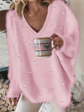 Plus Size Elegant Sweater, Women's Plus Faux Pearl Decor Long Sleeve V Neck Slight Stretch Fuzzy Pullover Jumper