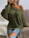 Chic Off-Shoulder Batwing Sleeve Knit Sweater - Elegant Solid Color, Stretchy Acrylic, Perfect for Spring & Fall