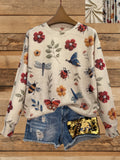 Vibrant Floral & Dragonfly Print Crew Neck Sweater - Women's Pullovers - Long Sleeve, Casual, Fall & Winter Essential, Soft, Cozy, and Stylish Clothing for Everyday Wear