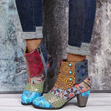 Purpdrank Women's Floral Pattern Boots, Side Zipper Casual Chunky Heel Ankle Boots, Versatile Round Toe Boots