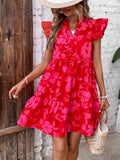 Floral Print V Neck Dress, Elegant Flutter Sleeve Ruffle Hem Dress For Spring & Summer, Women's Clothing