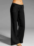 Versatile Spring-Fall Women's Wide-Leg Pants - Micro-Elastic, Solid Color, Easy-Care with Drawstring Waist