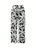 Plant Print Wide Leg Pants, Casual Lace Up High Waist Pants For Spring & Summer, Women's Clothing