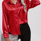 Purpdrank Elegant All-Season Shirt for Women - Long Sleeve, Solid Color, Easy-Care Polyester Blouse with Classic Turn-Down Collar