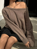 Purpdrank Elegant Off-Shoulder Knit Sweater for Women - Solid Color, Long Sleeve, Polyester Blend - Perfect for Fall/Winter