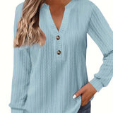 Purpdrank Plus Size Womens Soft Cable Knit Top with Trendy Button Detail - V Neck, Long Sleeve, Slight Stretch for Casual Comfort