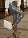 Elegant Long Skinny Pants for Women - Side Rhinestone Detail, High Elasticity, Comfort Knit for Stylish Outings