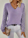 Purpdrank Hollow Out V Neck Pullover Sweater, Elegant Long Sleeve Knit Sweater, Women's Clothing