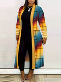 Purpdrank Colorblock Geometric Print Cardigan, Casual Long Sleeve Open Front Long Cardigan, Women's Clothing