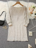 Elegant Apricot Sequin V-Neck Dress - Long Sleeve, Loose Fit for Women | Perfect for Spring/Fall