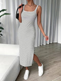 Chic Striped Square Neckline Midi Tank Dress - Elegant Sleeveless Split Dress for Women - Perfect for Spring and Summer, Comfortable and Versatile Clothing for Daily Wear