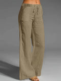 Versatile Spring-Fall Women's Wide-Leg Pants - Micro-Elastic, Solid Color, Easy-Care with Drawstring Waist