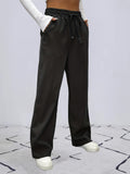 Solid Drawstring Pants, Casual Wide Leg Elastic Waist Pants, Women's Clothing