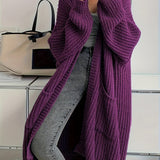 Purpdrank Solid Color Open Front Knitted Cardigan, Casual Long Sleeve Long Length Cardigan For Spring & Fall, Women's Clothing