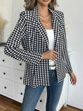 Purpdrank Women's Elegant Houndstooth Print Blazer - Long Sleeve, Button Front, Lapel Style, Perfect for Office and Work