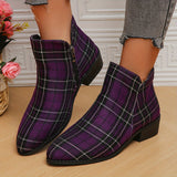 Purpdrank Women's Plaid Ankle Boots, Christmas Style Chunky Low Heeled Boots, Side Zipper Short Boots