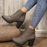 Women's Chunky Heeled Ankle Boots, Solid Color Lace Up & Side Zipper Boots, Retro High Heeled Short Boots