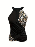 Purpdrank Elegant Sleeveless Cami Top - Leopard Print Cross Front Slim Top For Spring & Summer - Women's Clothing