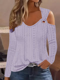 Purpdrank Eyelet Cold Shoulder T-Shirt - Fashionable Long Sleeve Top for Spring & Fall - Stylish Womens Casual Wear with Delicate Detailing - Ideal for Everyday Style