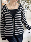 Cozy Grunge Striped Drop Shoulder Hooded Cardigan - Soft Y2K Inspired Long Sleeve Zip Up Design for Spring & Fall Seasons - Women's Casual Comfortable Clothing for Everyday Wear