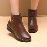 Women's Solid Color Boots, Buckle Decor Side Zipper Round Toe Velvet Warm Fluffy Non-slip Soft Boots, Winter Comfy Shoes