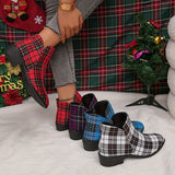 Purpdrank Women's Plaid Ankle Boots, Christmas Style Chunky Low Heeled Boots, Side Zipper Short Boots