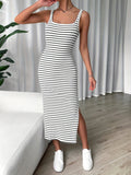 Chic Striped Square Neckline Midi Tank Dress - Elegant Sleeveless Split Dress for Women - Perfect for Spring and Summer, Comfortable and Versatile Clothing for Daily Wear