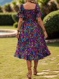 Floral Print Shirred Dress, Vacation Style Puff Sleeve Square Neck Dress For Spring & Summer, Women's Clothing