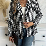 Purpdrank Women's Elegant Houndstooth Print Blazer - Long Sleeve, Button Front, Lapel Style, Perfect for Office and Work