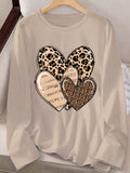 Purpdrank Women's Casual Leopard Heart Print Long Sleeve T-Shirt - Crew Neck, Polyester Blend, Machine Washable, Stylish Top for Spring & Fall, Leopard Print Blouse