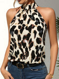 Vibrant Leopard Print Halter Neck Top - Ruched, Sleeveless, Casual, Comfortable, Flattering Fit - Womens Summer Clothing, Perfect for Outdoor Activities