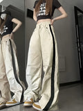 Wide Leg Cargo Pants with Zipper Pockets - High Waist, Drawstring, Color Block, Y2K Style, Comfortable Everyday Wear - Womens Fashion Clothing for Casual Occasions