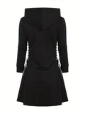 Cozy Solid Side Drawstring Hooded Maxi Dress - Women's Casual Long Sleeve Cinched Waist Dresses for Everyday Wear - Comfortable and Versatile