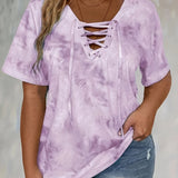 Purpdrank Women'S Plus Size Tie Dye Print Short Sleeve T-Shirt, Casual Loose Fit Tee with Lace-Up Drape Neck, Polyester 95% Spandex 5% Knit Fabric, Medium Stretch, Spring/Summer Pullovers, 175g/m² - Purple