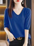 Solid Color V-neck Sweater, Versatile Half Sleeve Knitted Top For Spring & Fall, Women's Clothing