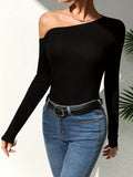 Solid Cold Shoulder Asymmetrical Neck T-Shirt, Casual Long Sleeve T-Shirt For Spring & Fall, Women's Clothing