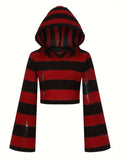 Y2K Ripped Flare Sleeve Punk Striped Distressed Hooded Sweater for Women's Spring & Fall Clothing