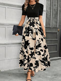 Floral Print Crew Neck Dress, Elegant Short Sleeve Tie Waist A-line Ankle Length Dress For Spring & Summer, Women's Clothing