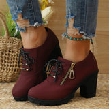 Women's Chunky Heeled Ankle Boots, Fashion Lace Up & Side Zipper Booties, All-Match High Heeled Short Boots