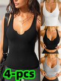 Purpdrank [4pcs Slimming Tank Tops for Women] 4pcs Sleek Ribbed Tank Tops for Women - Breathable, Slimming, No-Pad Sports & Yoga Vests with Unique Notch Neckline - Versatile Solid Color Activewear