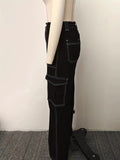 Y2K Vintage & Kpop Bootcut Cargo Pants for Women - All-Season, Cotton Blend, Street Style with Square Pockets & Washed Detail Khaki