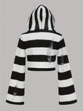 Y2K Ripped Flare Sleeve Punk Striped Distressed Hooded Sweater for Women's Spring & Fall Clothing